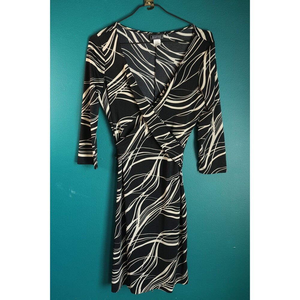 Vintage Nouvida 90s Y2K Deep V Faux Wrap Dress Black White Midi Whimsigoth L